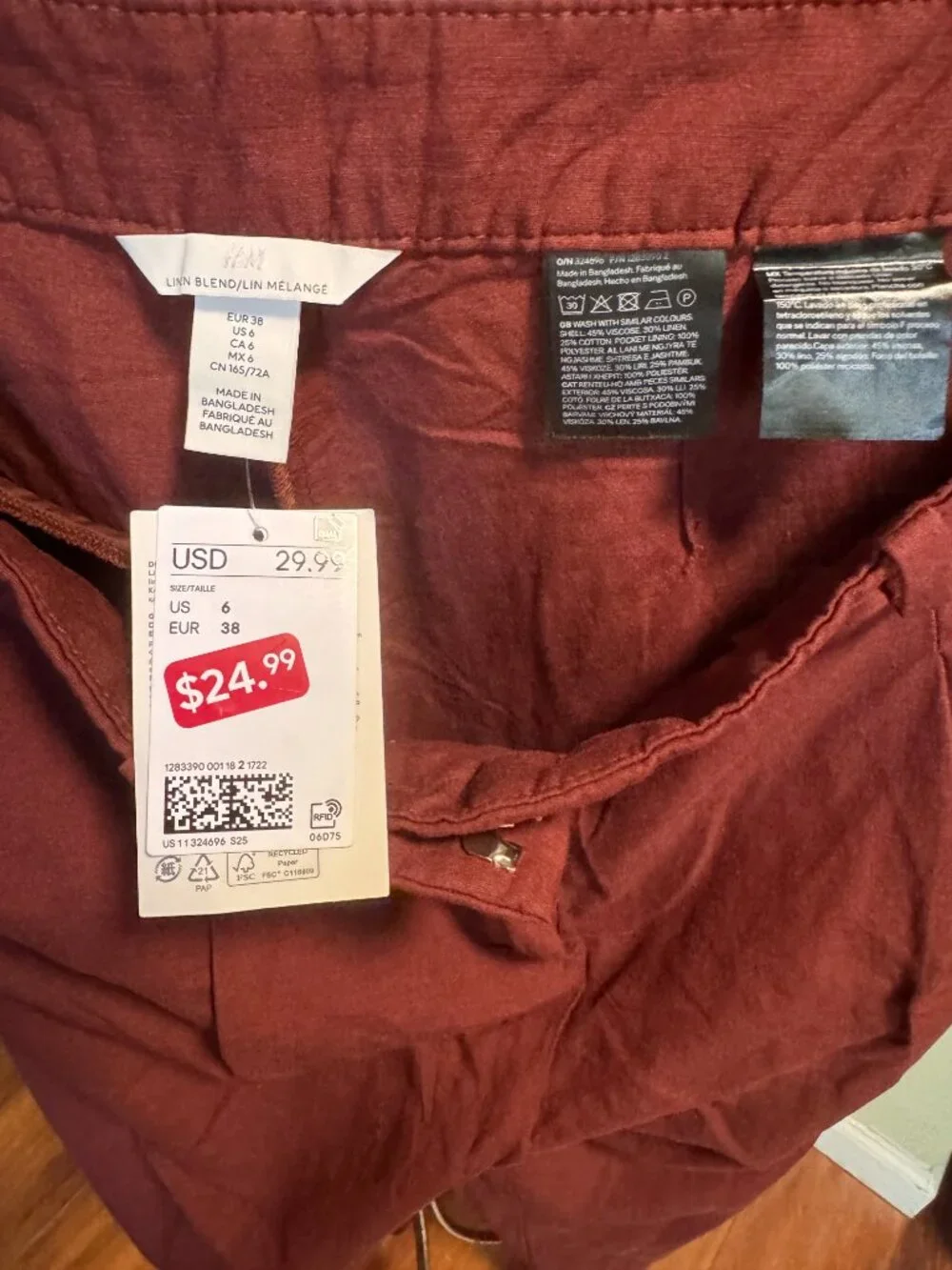 H&M women wide leg hi-waist linen blend one pleat pant size 6 new with tag